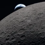 Close-up image of the Moon with the Earth in the background.